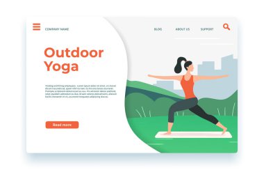 Açık havada yoga dersleri iniş sayfası, sabahları meditasyon. Yoga yaşam tarzı vektörü, fitness sağlıklı egzersiz illüstrasyonu, web sitesinde kadın pozu