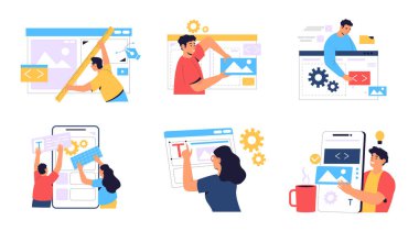 Web geliştirme konsepti, proje tasarımı. Web proje geliştirme vektörü, konsept illüstrasyon ui arayüzü, uygulama tasarımı