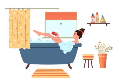Banyodaki kadın. Banyonun içinde bitkilerle dolu köpüklü köpüklerle dolu küvette rahat bir kız. Banyo spa 'sında bir kız vektörü, kabarcık resimli bir kadın.