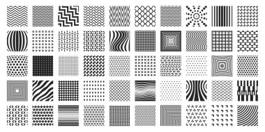 Geometrik desenli kare simgeler. Logo tasarımı için dekoratif siyah mozaik desenler, modern soyut dekoratif unsurlar. Vektör izole edilmiş geometrik kare desenli tasarım çizimi