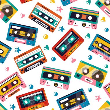 Teyp kaset kalıbı. Eskimiş kasetlerin kusursuz baskısı, ambalaj kağıdı için retro stereo müzik bandı dokusu. Retro kaset deseninin vektör illüstrasyonu