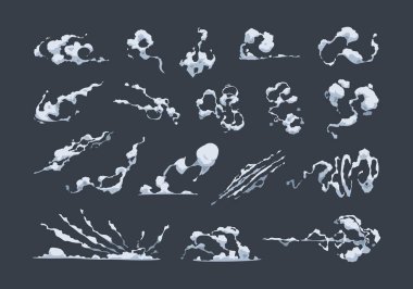 Duman çizgi film etkisi. Çizgi roman buhar ve toz akışı, duman ve yangın patlayıcı oyun varlığı, bulut ve sıvı buharlaşması grafiği. Duman çizgi roman çizimi vektör kümesi