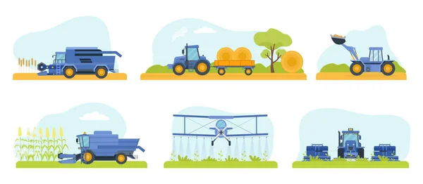扁平的农业机械 收割机和浇灌机 农业运输设备矢量 拖拉机设备耕作图解 — 图库矢量图片