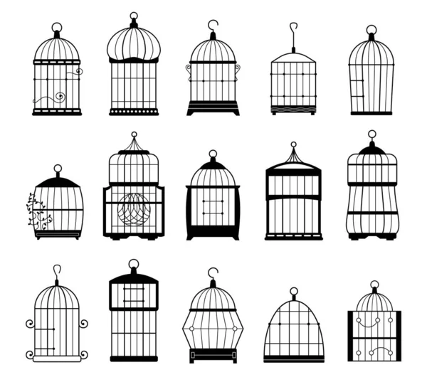 Silhouette Vuote Gabbia Uccelli Graziosa Casa Uccelli Diversi Tipi Uccelli — Vettoriale Stock