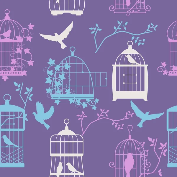 鸟笼模式 无缝印刷华丽的木制鸟笼与各种动物 自然装饰背景的包装纸 笼状无缝图案壁纸图解矢量纹理 — 图库矢量图片