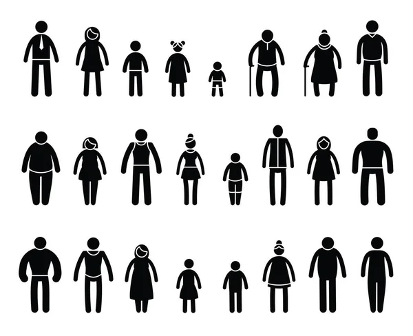 Stick family people. Cartoon muscular and skinny male and female characters, stick family members with different body types and ages. Vector isolated set of cartoon family people illustration