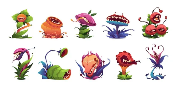 Monsterplanten Cartoon Enge Vleesetende Planten Kwade Buitenaardse Groene Planten Met — Stockvector
