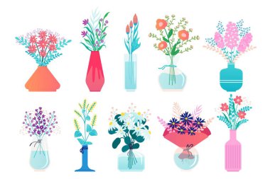 Vazodaki çiçekler. Çanak çömlek sürahisinde bir buket çiçek, bir demet zambak, dekoratif vazoda açan bahar çiçekleri. Vektör izole edildi. Vahşi botanik bitkileri bahar çiçekleri. Tatil hediyesi.