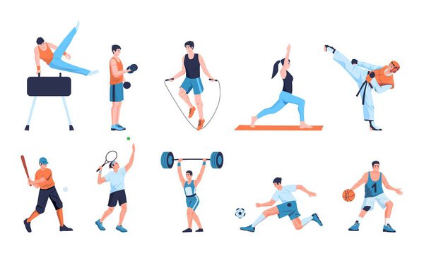 Sports people set. Cartoon characters training in gym, man and woman weightlifting and running, diverse active characters in active poses. Vector isolated set of training character exercise workout