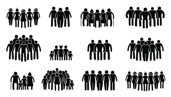 Stick people crowd. Group of people with black stick silhouettes, human mob with queue and diversity concept. Vector isolated set of group crowd people illustration