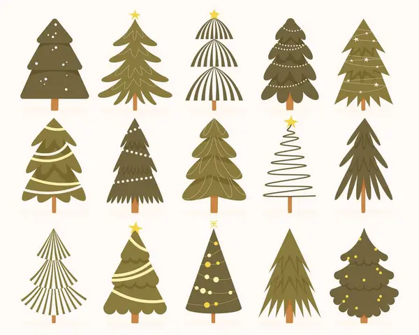 Kerstbomen Collectie Cartoon Kerstboom Met Cadeautjes Speelgoed Kleurrijke Dennen Kerstbomen — Stockvector