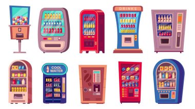 Satış makinesi. Çizgi film atıştırmalığı, soğuk içecek otomatı, tatlı şeker ve soğuk içecek otomatı, uygun yiyecek konsepti. Vektör izole edildi. Su şişeleri, sıcak kahve satıyorum.
