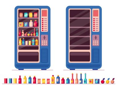 Tam otomatik satış makinesi. Atıştırmalık ve içecek dağıtıcısı, atıştırmalıklar ve içecekler, taze soğuk ve sıcak ürünler. Atıştırmalık ve içeceklerle dolu vektör otomatı. Yiyecek ve içecek almak.