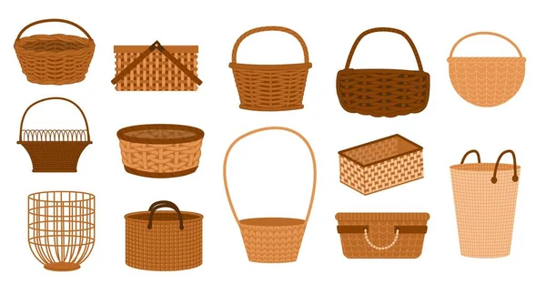 Wicker Baskets Handmade Woven Straw Containers Grocery Shopping Traditional Rural — Stock Vector