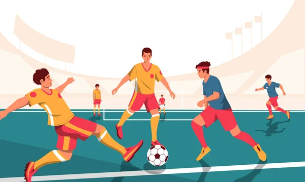 Scena Della Partita Calcio Giocatori Dei Cartoni Animati Competizione Gruppo — Vettoriale Stock