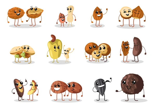 Nuts Mascot Cartoon Cashew Walnut Almond Pieces Cute Healthy Snack — Stock Vector