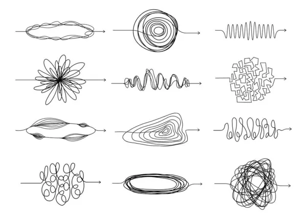 Dağınık Çizgi Okları Değişik Yazı Şekilleri Kaotik Düğümler Kıvrımlarla Çizilmiş — Stok Vektör