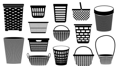 Hasır sepet siyah simgeler. Meyve ve sebzeler için el yapımı dokuma piknik sepeti logo tasarımı için doğal kırsal dekorasyon. Vektör izole edildi. Ev işi ve çamaşır için ev eşyaları