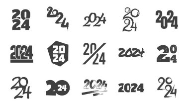 Metin 2024 logosu. Modern kaligrafi zarif bayram selamlaması, soyut zodyak numaraları ve logo tasarımı için harfler. Vektör ayarlandı. Yeni yıl kartı ya da takvim izole koleksiyonu için minimalist ögeler