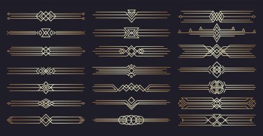 Art deco başlıkları. Çiçeksel aksanlı modern klasik sınırlar, düğün davetiyesi tasarımı için zarif yeni geometrik çerçeveler. Vektör ayarlandı. Lüks altın izole elementler