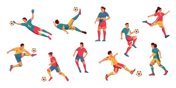 Men Women Football Players Cartoon Male Female Characters Playing Soccer — Stock Vector