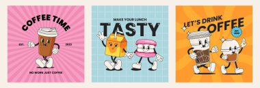 Retro çizgi film içki posterleri. Komik maskotlar ve 80 'lerin moda maskotlarıyla kafe menüsü kapağı. Şirin maskotlar ve menü için vektör kahve. Gülen badem kurabiyesi ve samanla süt