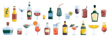 Alkol içecekleri koleksiyonu. Bar ve restoran menüsünde kokteyl ve şarap, viski ve rom, vermut ve cin. Vektör alkol içecek seti. Egzotik meyve, saman ve buz dolu şişe ve cam.