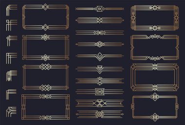 Art deco çerçeveler. Düğün davetiyeleri için klasik zarif sınırlar kart tasarımı için klasik geometrik şekiller. Vektör izole edildi. Lüks dekorasyonlu yaratıcı köşeler, başlıklar