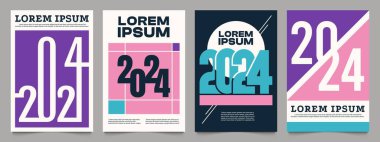 Poster 2024 konsepti. Moda minimalist geometrik tipografi ve renkli afiş tasarımlı yıllık takvim kapağı. Yıllık şablon 2024 'ün vektör illüstrasyonu