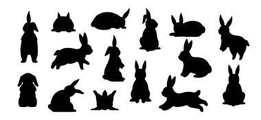 Tavşan silueti. Şirin evcil tavşan hayvan skeci, farklı pozlarda siyah tavşan ikonları. Tavşan tavşanı koleksiyonu, siyah siluet çizimi