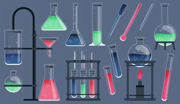 Herramientas Químicas Equipo Laboratorio Químico Dibujos Animados Equipo Investigación Científica — Vector de stock