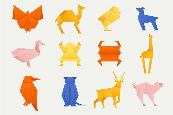 Красочные животные оригами. Складные модели животных оригами, японские животные из зоопарка сложили коллекцию моделей из бумаги в мультяшном плоском стиле. Коллекция векторов. Яркий фламинго, птица или краб