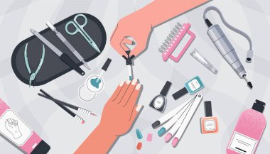 Manikür üst görünümü. Salon lambasında oje kurutma, manikür prosedürü düz stil, el aletleri ve manikürcü. Manikür güzellik tırnağının vektör çizimi