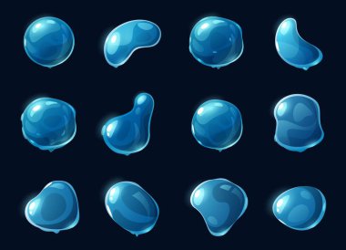 Çizgi film sabun köpükleri. Gerçekçi parlak renkli uçan toplar, yansıtıcı yüzeyde soyut parlak renkli sıvı damlaları. Renkli vektör izole su sabunu parlak illüstrasyonları