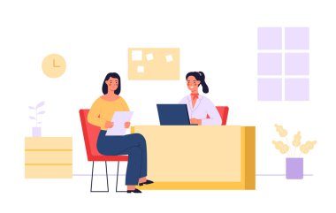 Banka çalışanları ve müşterileri. Ofise belgelerle gelen çizgi film müşterisi. Masasında dizüstü bilgisayarı olan ve danışmanlık yapan bir kadın karakter. Çalışma vektöründe kişiye yardım