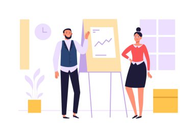 İş ekibi çalışması. Kadın ve erkek finansal sunum yapıyor. Çizgi film karakteri büyüyen okla grafiği gösteriyor. Şirket geliştirme, kâr veya yatırım yapma vektör çizimi