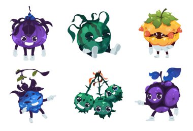 Çizgi film renkli renkli böğürtlenler ve komik yüzlü meyveler. Farklı duyguları olan tropikal yiyecekler, bacaklı, kollu ve neşeli yüz ifadeleri izole edilmiş fantastik bitkiler.