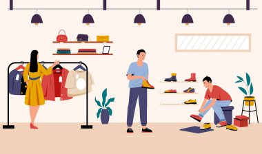Giysi dükkanı. Tezgahtar müşteriler için spor ayakkabı getiriyor. Ceket seçen bir kadın karakter. Farklı ayakkabıları ve çantaları olan bir mağaza. Moda ürünleri vektörü