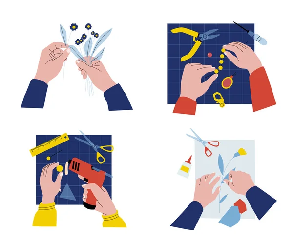 Diyハンドクラフト アプライクを作る人間の手 花を接着する ハサミで紙を切る ハンドメイドのジュエリー 創造的な趣味 カードデザインベクターセットイラスト用ツール付きクラフトマン — ストックベクタ