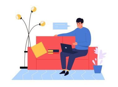 Bilgisayarla çalışan bir adam. İşçi uzak bir işi olduğu için evde kalıyor. Kanepede oturan bir çalışan iş arkadaşlarıyla iletişim kuruyor. Serbest konsept, uzak iş yeri konsept vektörü olan kişi