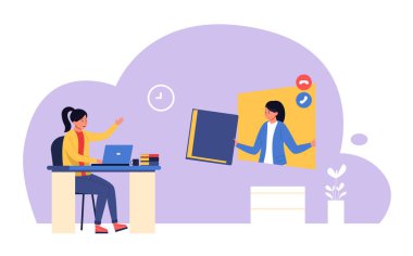 Online rota. Öğrenci dizüstü bilgisayarla masada oturmuş hocasıyla birlikte ekranda izliyor. İnternette okuyan bir kız, üniversitede ya da üniversitede uzaktan öğrenim görüyor. Ev vektöründe sanal öğretiler izleniyor