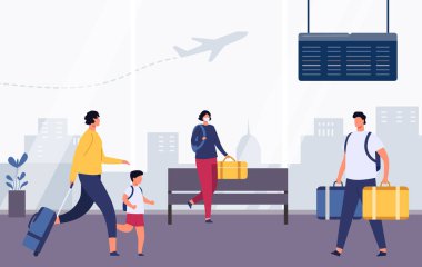 Havaalanındaki insanlar. Çizgi film yolcuları, bavulları uçuşa geçiyor. Çocuğu olan bir ebeveyn terminale bavulla gidiyor. Ayrılış vektör illüstrasyonunun zamanlaması olan tahta