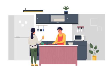 İnsanlar evde yemek yapıyor. Karı koca mutfakta yemek hazırlıyor. Salata yapmak için sebze doğrayan adam. Elinde yağ şişesi olan bir kadın. Çift evde yemek yapıyor vektör çizimi