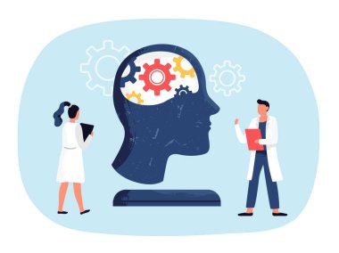 Psikolojik terapi, akıl hastalığı ya da akıl sağlığı. Bilimadamları dişli başlığı inceliyor. İnsan beyin mekanizması. Üniformalı kadın ve erkek doktorlar deney vektör çizimi yapıyorlar.
