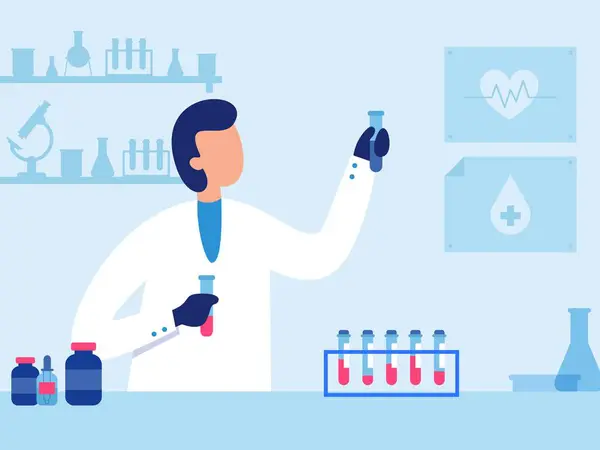 科学者は実験室で働いている ユニフォームの男性研究者は 実験室でテストチューブを使用しています 実験や液体分析を行っている生化学者 血液サンプルベクターのチェック — ストックベクタ