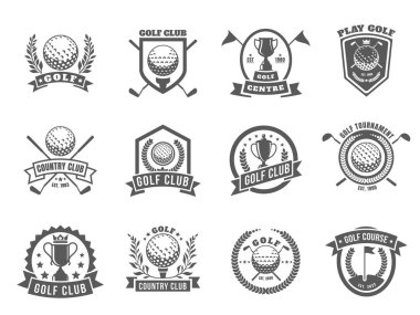 Golf logosu. Golf sopaları ve topları olan amblemler tabii ki amblem, golf sopası ve toplu eski golf kulübü rozetleri. İzole edilmiş spor golf hobisi, bayrak çizimi