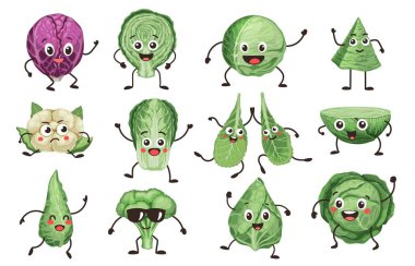 Karikatür karakterleri. Farklı duyguları olan sebze yüzleri, komik Brüksel lahanaları lahana filizleri ve duygu yüklü karnabahar yüzleri. Lahana sebze ve taze illüstrasyonun vektör karakterleri