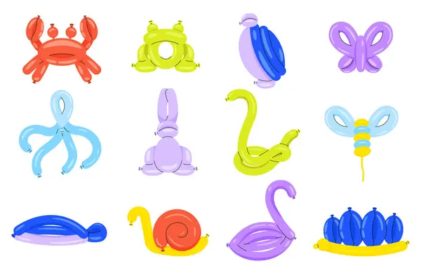 卡通气球宠物 可爱的氦气动物角色 五彩斑斓的泡泡动物为生日派对装饰 矢量隔离集 儿童娱乐 — 图库矢量图片