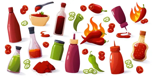 Cartoon Hot Sauce Mexican Spicy Ketchup Wasabi Mustard Chilli Peppers — Stock Vector