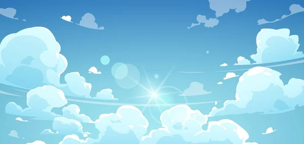 Cartoon summer sky. Landscape of bright sunny day with floating white cumulus clouds, outdoor scenery with blue sky background. Vector illustration of cloud landscape summer decoration